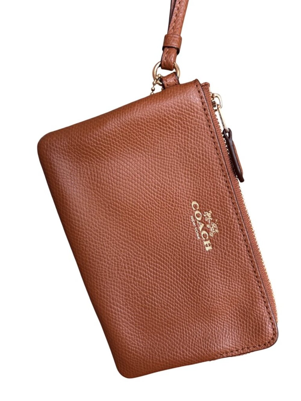 COACH Embossed Small L-Zip Wristlet Wallet Light Gold Brown